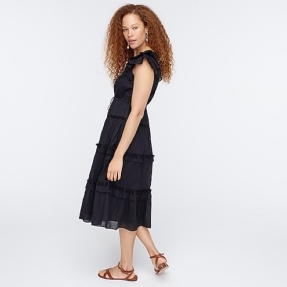 NWT J Crew Ruffle Sleeve Voile Dress Cotton V-Neck A-Line Black Small New - Picture 1 of 3
